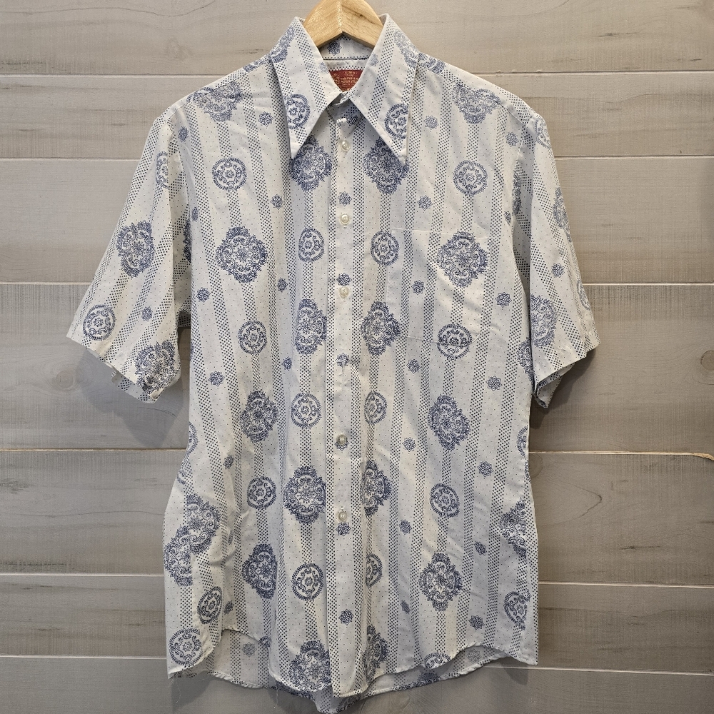 {M} VINTAGE Kings Road Medallion Striped Button Down Long Sleeve Shirt Blue